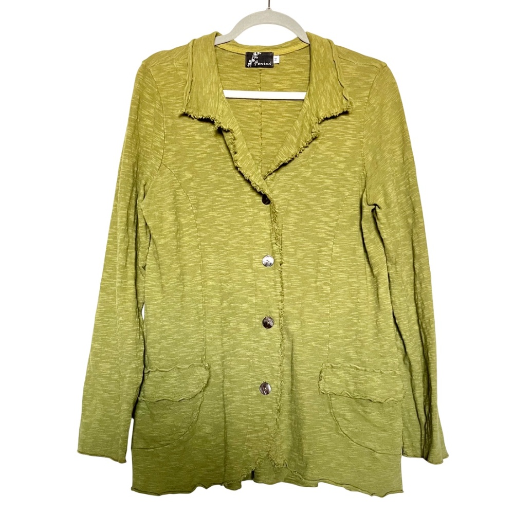 Fenini 100% Cotton Button-up Lagenlook Cardigan Blazer Chartreuse Green Size M